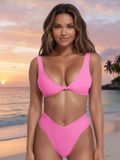 Bikini Set for Women Solid V Neck Knot Front Push Up High Leg Thong Two Piece Swimsuit