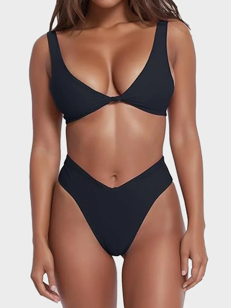 Bikini Set for Women Solid V Neck Knot Front Push Up High Leg Thong Two Piece Swimsuit