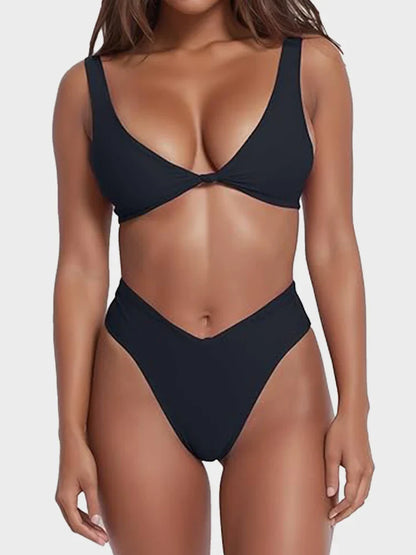 Bikini Set for Women Solid V Neck Knot Front Push Up High Leg Thong Two Piece Swimsuit