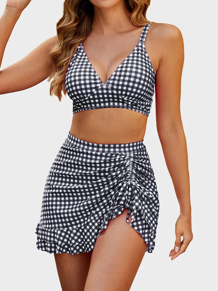 Women's High Waisted Bikini Sets Tummy Control Swim Skirt Two Piece Swim Suit