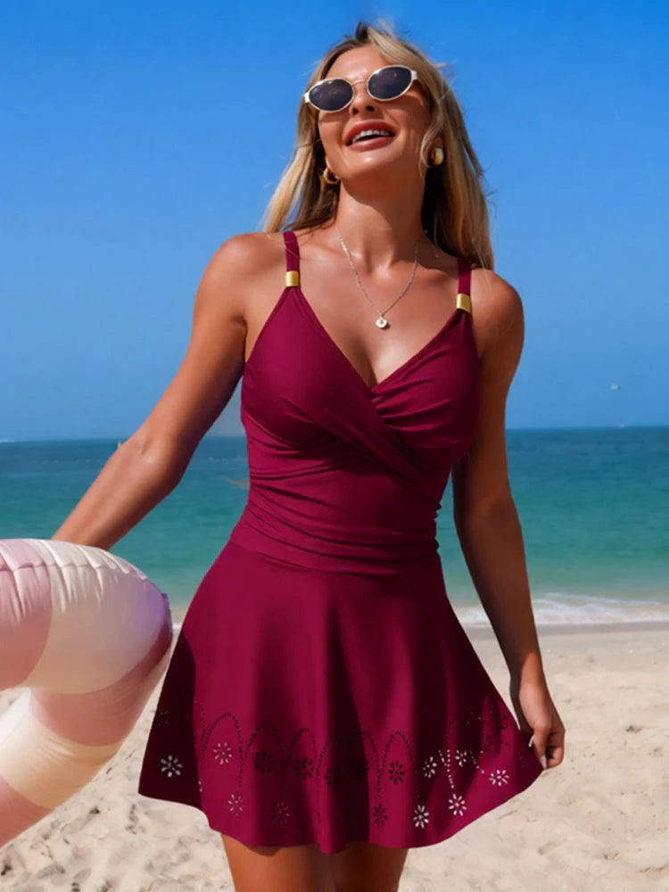 Women’s Twist Front Swimdress – Ruched Tummy Control One Piece with Skirt
