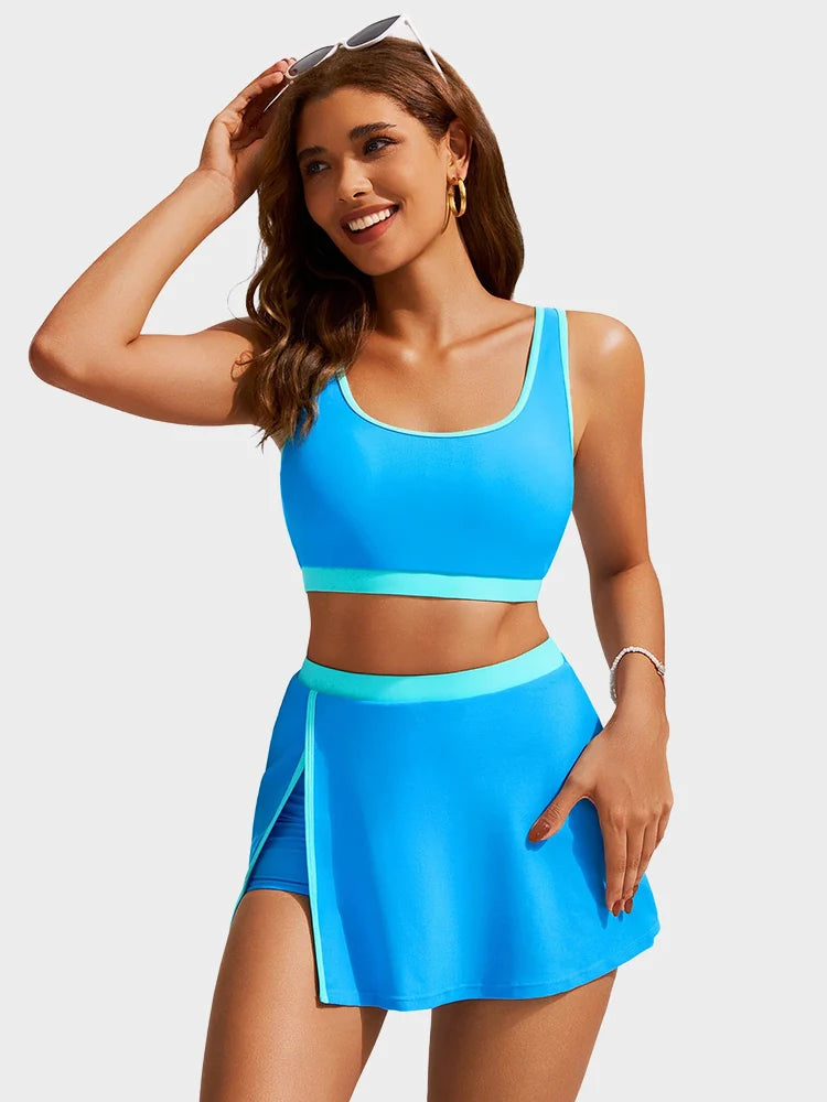 Colorblock U-Neck 2-Piece Swim Set with Slit Skirt