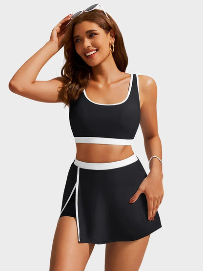 Colorblock U-Neck 2-Piece Swim Set with Slit Skirt