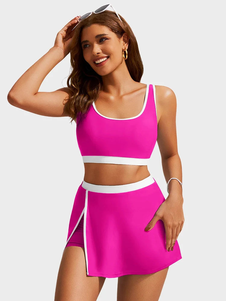 Colorblock U-Neck 2-Piece Swim Set with Slit Skirt