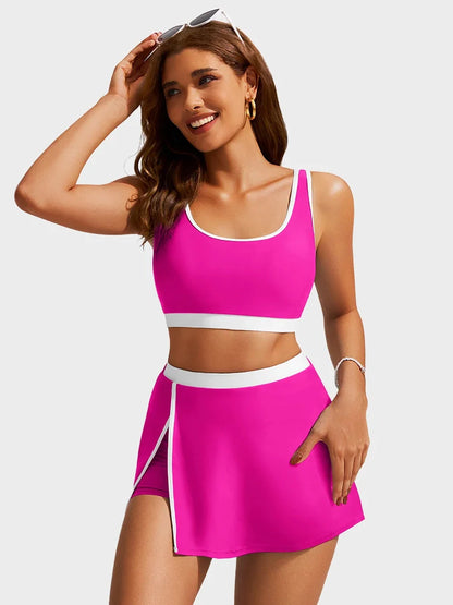 Colorblock U-Neck 2-Piece Swim Set with Slit Skirt