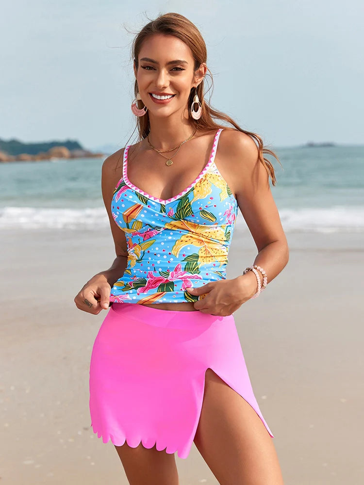 Women’s Floral Tankini Swimsuit with Swim Skirt