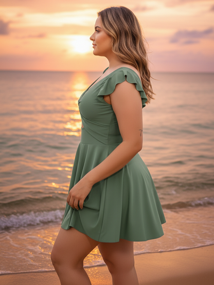 Women's One Piece Ruffle Cutout Swimdress  V Neck Wrap Swimwear